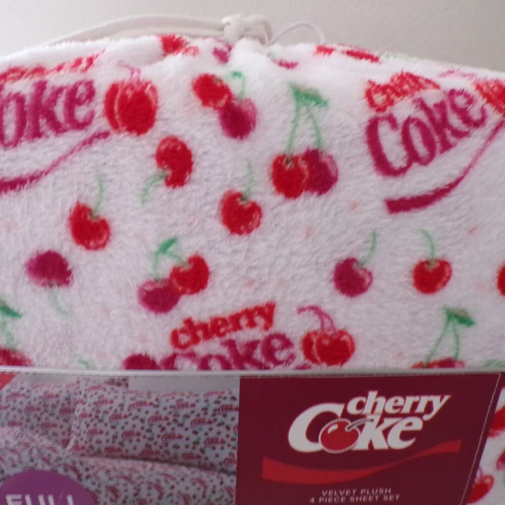 Coca-Cola Cherry Coke FULL Bed Plush Sheet Set Red White Soda Logo NWT NEW